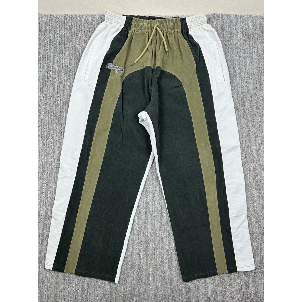 Visionary Club Corduroy Pants XL Green White Zipper Pockets Baggy Wide Leg